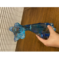 FENTON Blue Iridescent Sitting Alley Cat Art Glass Sculpture 11"H