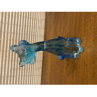 FENTON Blue Iridescent Sitting Alley Cat Art Glass Sculpture 11"H