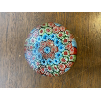 BEAUTIFUL VTG Red, Green & Blue MILLEFIORI Art Glass Paperweight 3"W
