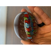 BEAUTIFUL VTG Red, Green & Blue MILLEFIORI Art Glass Paperweight 3"W