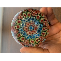 BEAUTIFUL VTG Red, Green & Blue MILLEFIORI Art Glass Paperweight 3"W