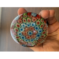 BEAUTIFUL VTG Red, Green & Blue MILLEFIORI Art Glass Paperweight 3"W