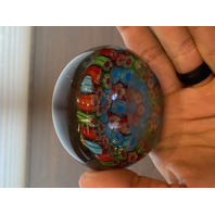 BEAUTIFUL VTG Red, Green & Blue MILLEFIORI Art Glass Paperweight 3"W