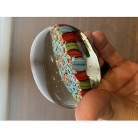 BEAUTIFUL VTG Red, Green & Blue MILLEFIORI Art Glass Paperweight 3"W