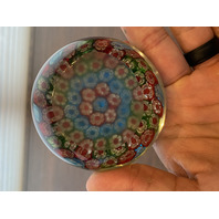 BEAUTIFUL VTG Red, Green & Blue MILLEFIORI Art Glass Paperweight 3"W