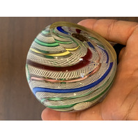 VTG MURANO Multicolored MILLEFIORI & LATTICINO Ribbon Glass Paperweight 2.75"H