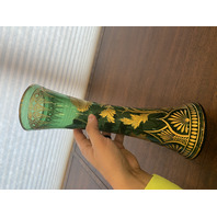 VTG ART NOUVEAU Green W/Gold Floral Etched Pattern Art Glass Vase 13.25"H
