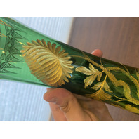 VTG ART NOUVEAU Green W/Gold Floral Etched Pattern Art Glass Vase 13.25"H