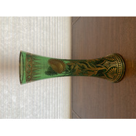 VTG ART NOUVEAU Green W/Gold Floral Etched Pattern Art Glass Vase 13.25"H