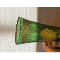 VTG ART NOUVEAU Green W/Gold Floral Etched Pattern Art Glass Vase 13.25"H