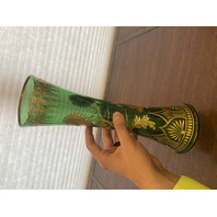 VTG ART NOUVEAU Green W/Gold Floral Etched Pattern Art Glass Vase 13.25"H