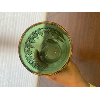 VTG ART NOUVEAU Green W/Gold Floral Etched Pattern Art Glass Vase 13.25"H