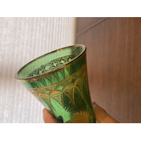 VTG ART NOUVEAU Green W/Gold Floral Etched Pattern Art Glass Vase 13.25"H