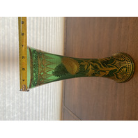 VTG ART NOUVEAU Green W/Gold Floral Etched Pattern Art Glass Vase 13.25"H
