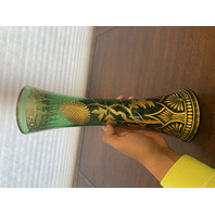 VTG ART NOUVEAU Green W/Gold Floral Etched Pattern Art Glass Vase 13.25"H
