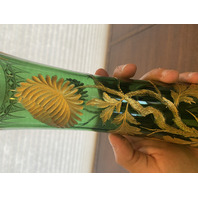 VTG ART NOUVEAU Green W/Gold Floral Etched Pattern Art Glass Vase 13.25"H