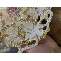 ANTIQUE MEISSEN Floral Pained Gold & White Gilt Decorative Bowl 12"L
