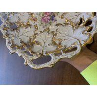 ANTIQUE MEISSEN Floral Pained Gold & White Gilt Decorative Bowl 12"L