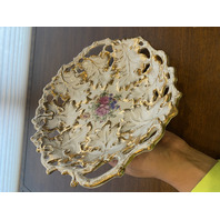 ANTIQUE MEISSEN Floral Pained Gold & White Gilt Decorative Bowl 12"L