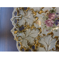 ANTIQUE MEISSEN Floral Pained Gold & White Gilt Decorative Bowl 12"L