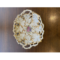 ANTIQUE MEISSEN Floral Pained Gold & White Gilt Decorative Bowl 12"L