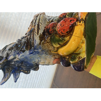 LARGE Multicolored Ceramic Rooster Sculpture On Vegetables 15.5"L x 9"W x 18"H