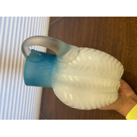 ANTIQUE Blue & White Zig Zag Mother Of Pearl Satin Glass Pitcher 8.5"H