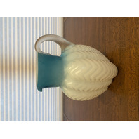 ANTIQUE Blue & White Zig Zag Mother Of Pearl Satin Glass Pitcher 8.5"H
