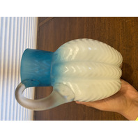 ANTIQUE Blue & White Zig Zag Mother Of Pearl Satin Glass Pitcher 8.5"H