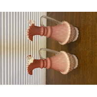 PAIR Of ANTIQUE Pink Satin MOTHER OF PEARL Ruffled Rim Glass Pitchers 9.75"H