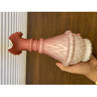 PAIR Of ANTIQUE Pink Satin MOTHER OF PEARL Ruffled Rim Glass Pitchers 9.75"H