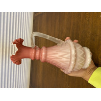 PAIR Of ANTIQUE Pink Satin MOTHER OF PEARL Ruffled Rim Glass Pitchers 9.75"H