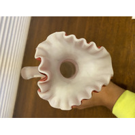 PAIR Of ANTIQUE Pink Satin MOTHER OF PEARL Ruffled Rim Glass Pitchers 9.75"H