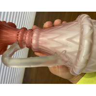 PAIR Of ANTIQUE Pink Satin MOTHER OF PEARL Ruffled Rim Glass Pitchers 9.75"H