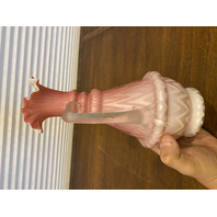 PAIR Of ANTIQUE Pink Satin MOTHER OF PEARL Ruffled Rim Glass Pitchers 9.75"H