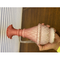 PAIR Of ANTIQUE Pink Satin MOTHER OF PEARL Ruffled Rim Glass Pitchers 9.75"H