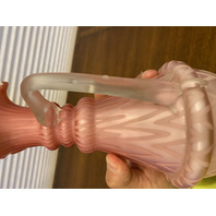 PAIR Of ANTIQUE Pink Satin MOTHER OF PEARL Ruffled Rim Glass Pitchers 9.75"H