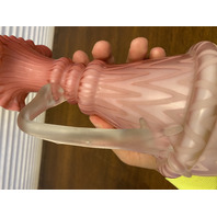 PAIR Of ANTIQUE Pink Satin MOTHER OF PEARL Ruffled Rim Glass Pitchers 9.75"H