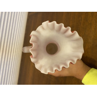 PAIR Of ANTIQUE Pink Satin MOTHER OF PEARL Ruffled Rim Glass Pitchers 9.75"H