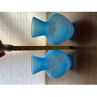 PAIR Of VTG Blue MARY GREGORY Westmoreland Child Fishing Vases SIGNED 7"H