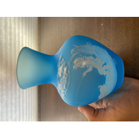 PAIR Of VTG Blue MARY GREGORY Westmoreland Child Fishing Vases SIGNED 7"H