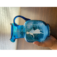 VTG Blue/Turquoise  MARY GREGORY Woman In Nature Pitcher HAND PAINTED 9.25"H