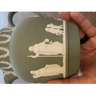 VTG Green/White Wedgwood Jasperware Neoclassical Scene Pitcher 4.75"H