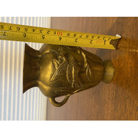 VTG CHINESE Raised Relief Bird On Branch Design Double Handled Brass Vase 6"H