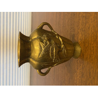 VTG CHINESE Raised Relief Bird On Branch Design Double Handled Brass Vase 6"H