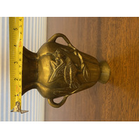 VTG CHINESE Raised Relief Bird On Branch Design Double Handled Brass Vase 6"H