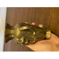 VTG CHINESE Raised Relief Bird On Branch Design Double Handled Brass Vase 6"H