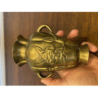 VTG CHINESE Raised Relief Bird On Branch Design Double Handled Brass Vase 6"H