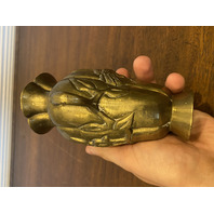 VTG CHINESE Raised Relief Bird On Branch Design Double Handled Brass Vase 6"H