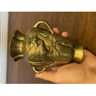VTG CHINESE Raised Relief Bird On Branch Design Double Handled Brass Vase 6"H